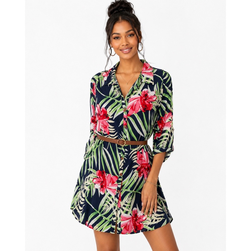 Paparazzi M Tropical Floral Shirt Dress Resortwear Y2K Vacation Boho Coastal USA